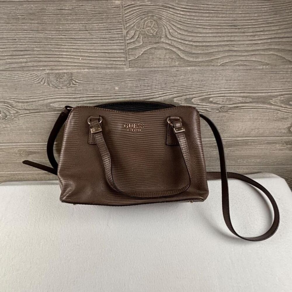 Guess Brown Croc Embossed Crossbody Satchel Handbag Purse